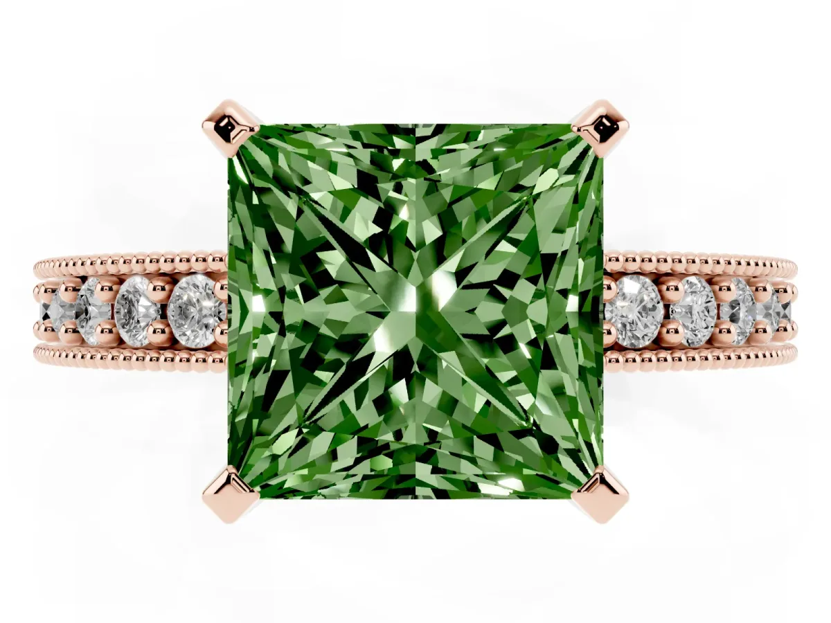 Fancy Green Princess Cut Diamond Milgrain Pavé Engagement Ring with Four-Prong Setting Rose gold