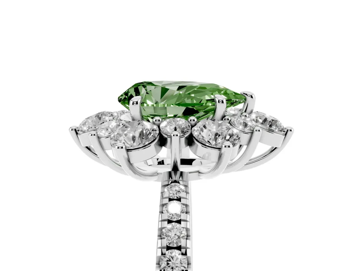 Fancy Green Pear Cut Diamond Floral Halo Ring with Round Pavé Band and Prong Setting White gold