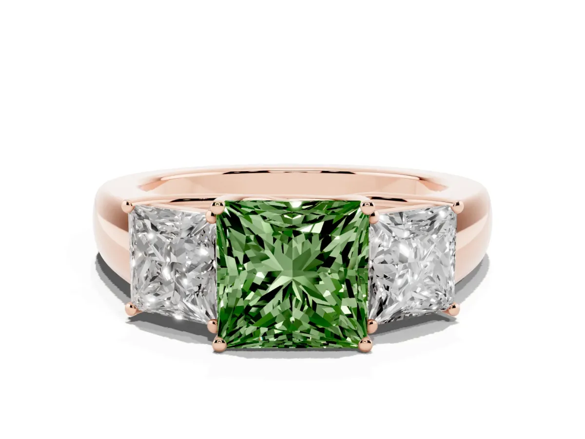 Fancy Green Three-Stone Princess Cut Cut Diamond Ring with Prong Setting and Classic Band Rose gold