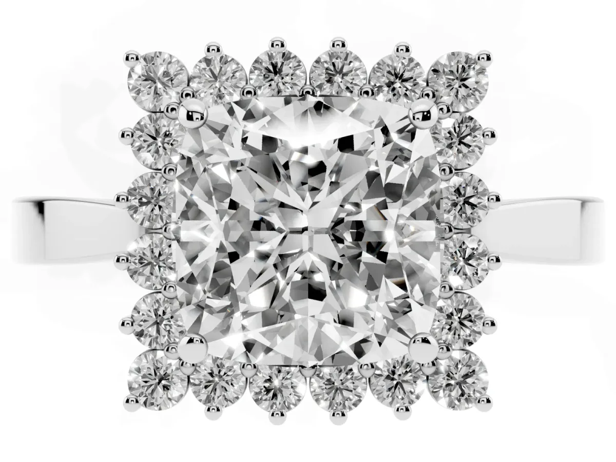 Cushion Cut Cut Diamond Halo Ring with Round Brilliant Halo and Solitaire Band White gold