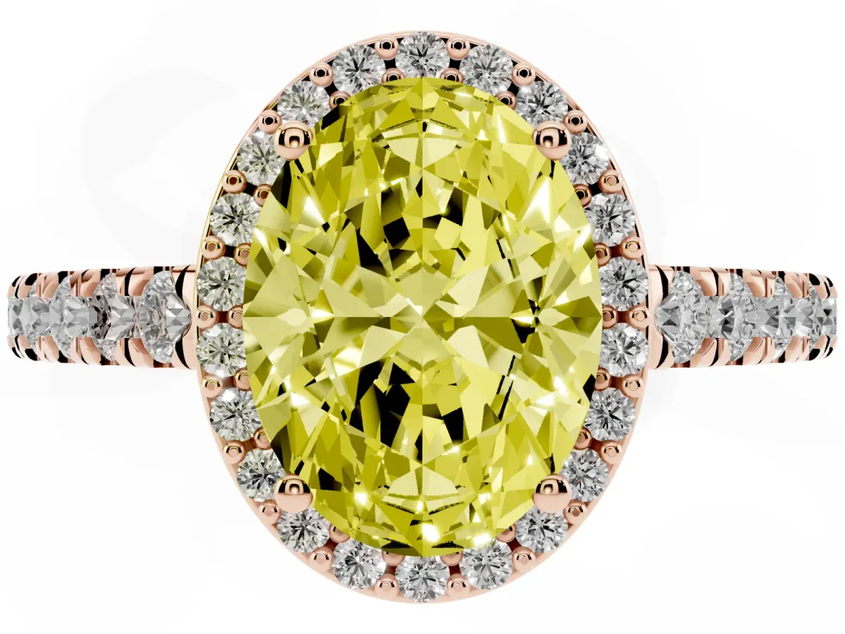 Fancy Yellow Oval Cut Cut Halo Diamond Engagement Ring with Pave Band and Four-Prong Setting Rose gold