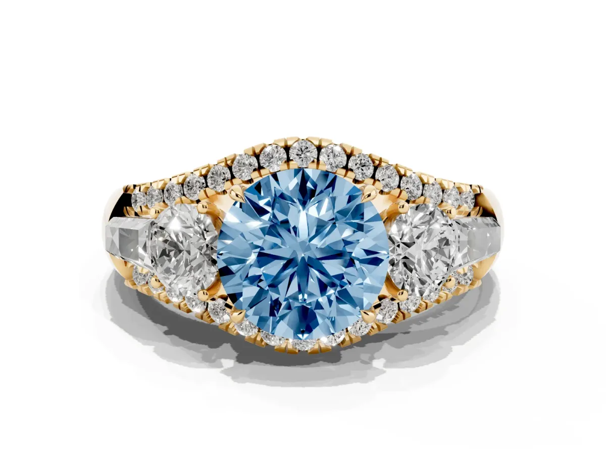 Fancy Blue Three-Stone Round Cut Diamond Engagement Ring with Pave Band and Prong Setting Yellow gold