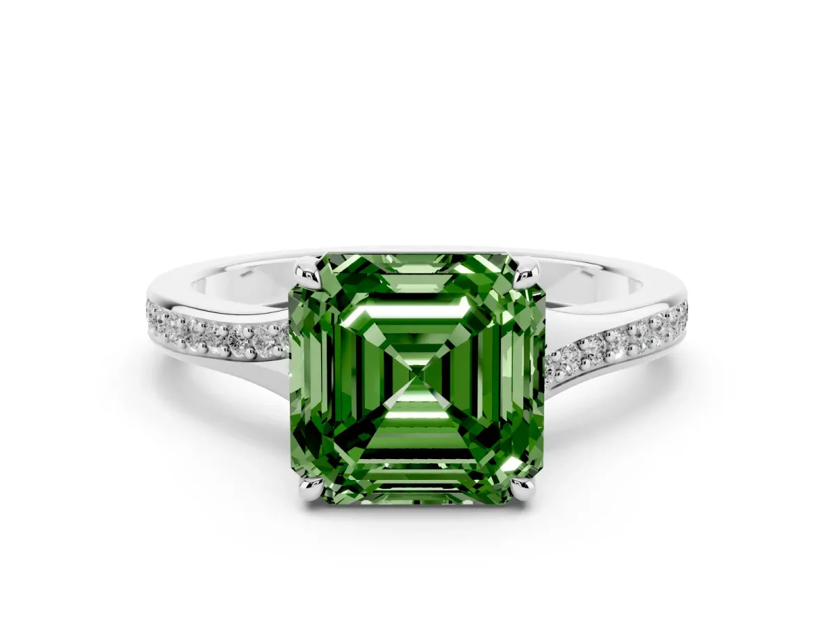 Fancy Green Asscher Cut Diamond Solitaire Ring with Pavé Band and Prong Setting Silver