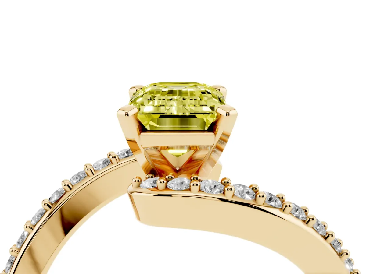 Fancy Yellow Emerald Cut Solitaire Twist Band with Pave Set Diamonds and Four-Prong Setting Yellow gold