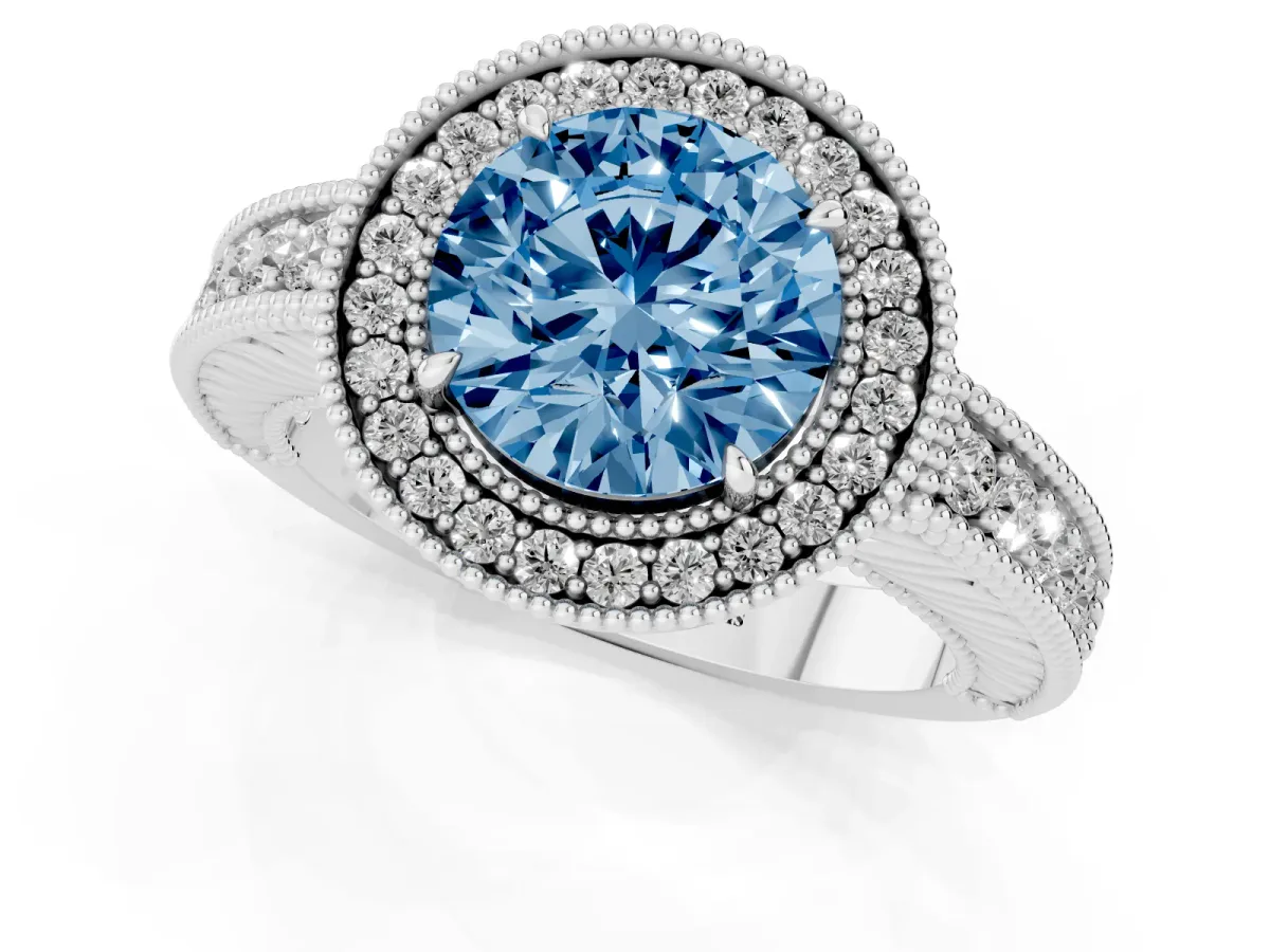 Fancy Blue Round Cut Cut Halo Diamond Ring with Pavé Band and Four-Prong Setting Silver