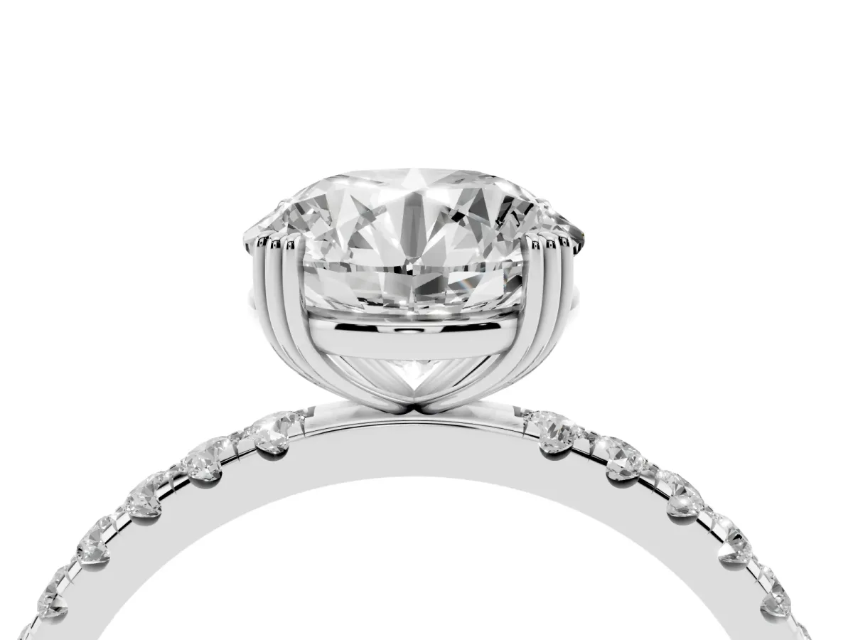 Round Cut Brilliant Solitaire with Pavé Band and Claw Prong Setting Platinum