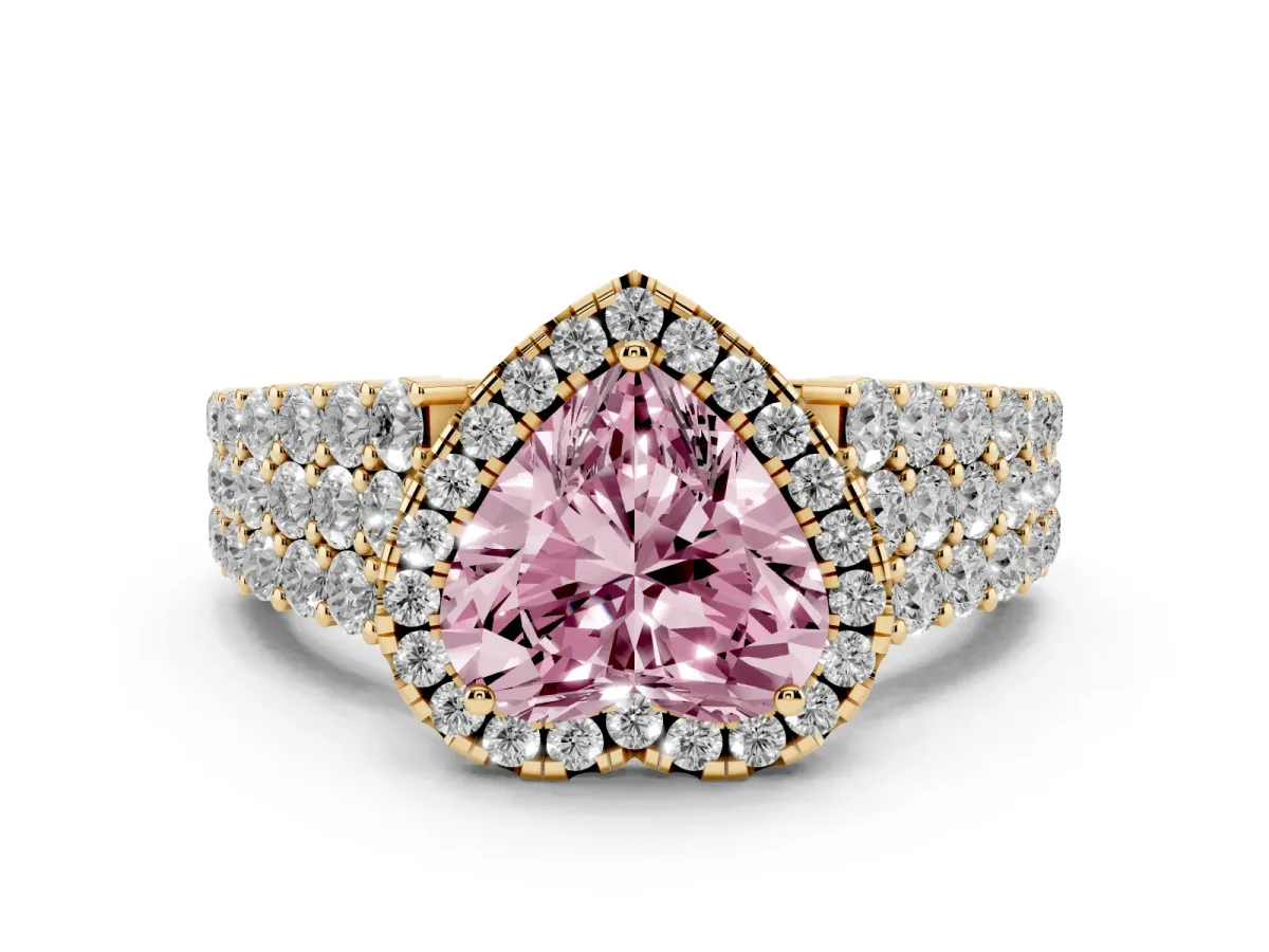 Fancy Pink Heart Cut Diamond Halo Engagement Ring with Triple Row Round Pavé Band and Prong Setting Yellow gold