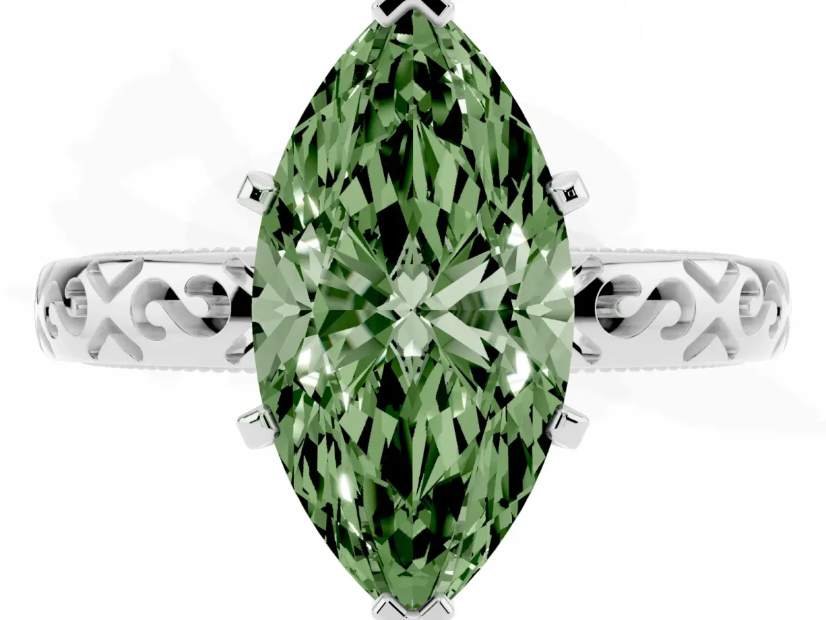 Fancy Green Marquise Cut Solitaire Engagement Ring with Scrollwork Band and Four-Prong Setting Silver