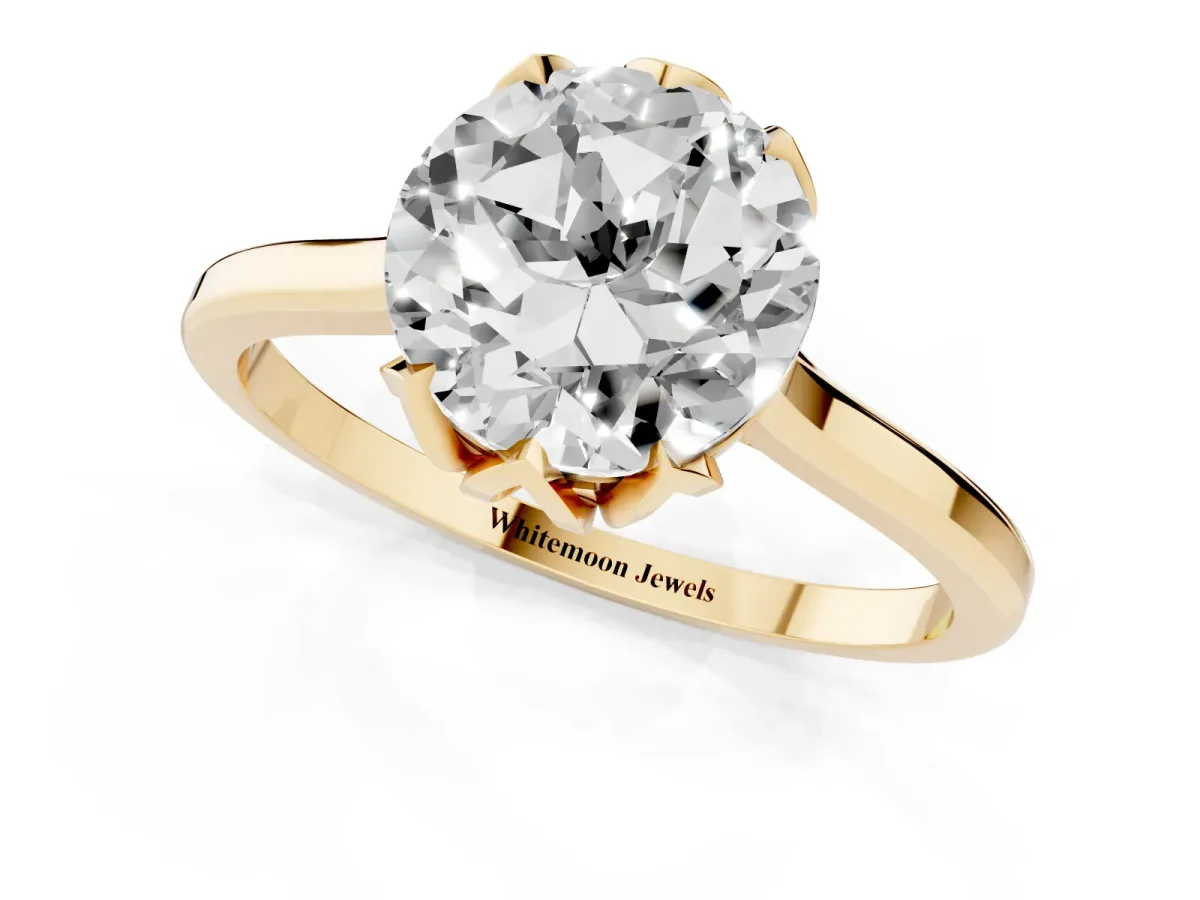 Round Cut Diamond Solitaire Ring with Flower Prong Setting and Classic Band Yellow gold