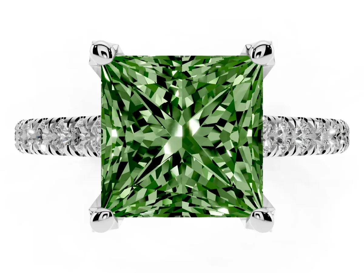 Fancy Green Princess Cut Brilliant Diamond Solitaire with Pavé Band and Four-Prong Setting Silver