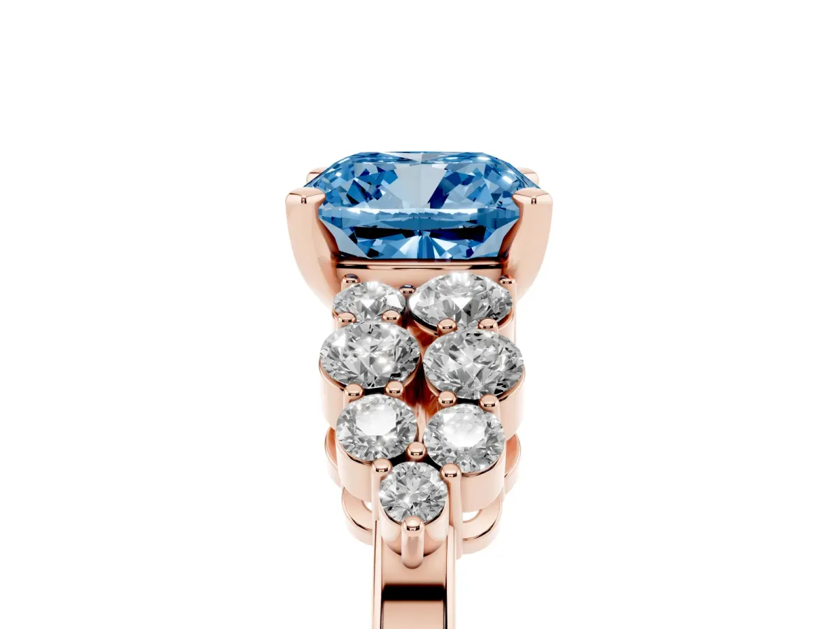 Fancy Blue Cushion Cut Cluster Diamond Engagement Ring with Pavé Band and Four-Prong Setting Rose gold