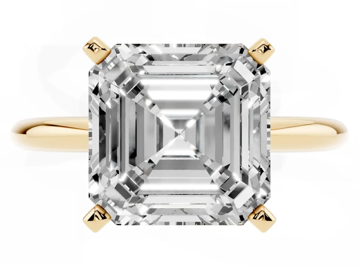 Asscher Cut Diamond Solitaire Ring with Prong Setting and Classic Band Yellow gold