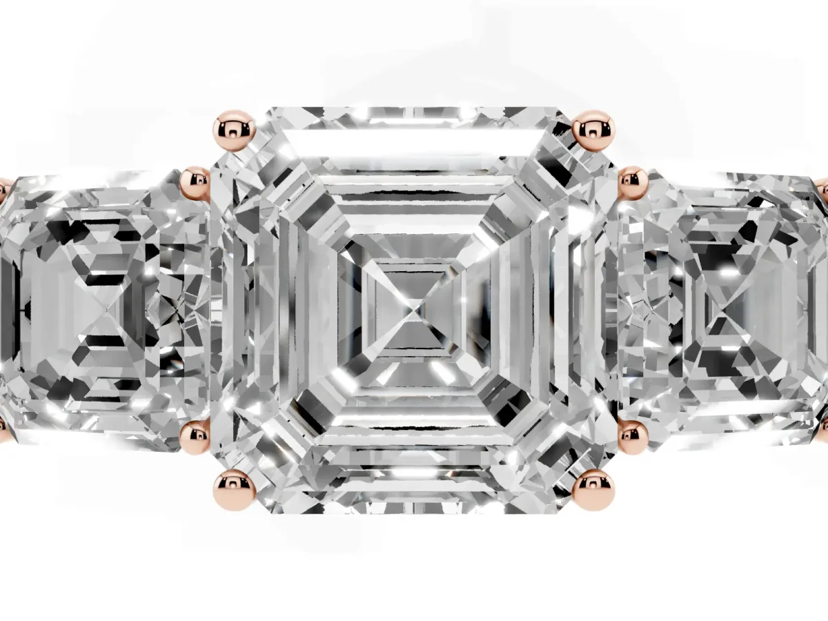 Three-Stone Asscher Cut Cut Diamond Engagement Ring with Flat Band and Four-Prong Setting Rose gold