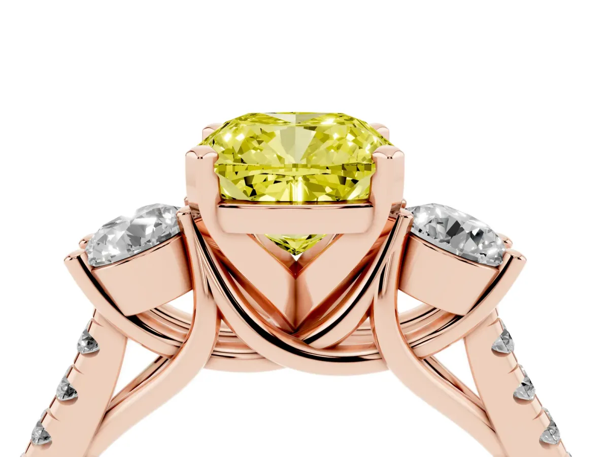 Fancy Yellow Three-Stone Cushion Cut Diamond Pavé Band with Four-Prong Setting Rose gold