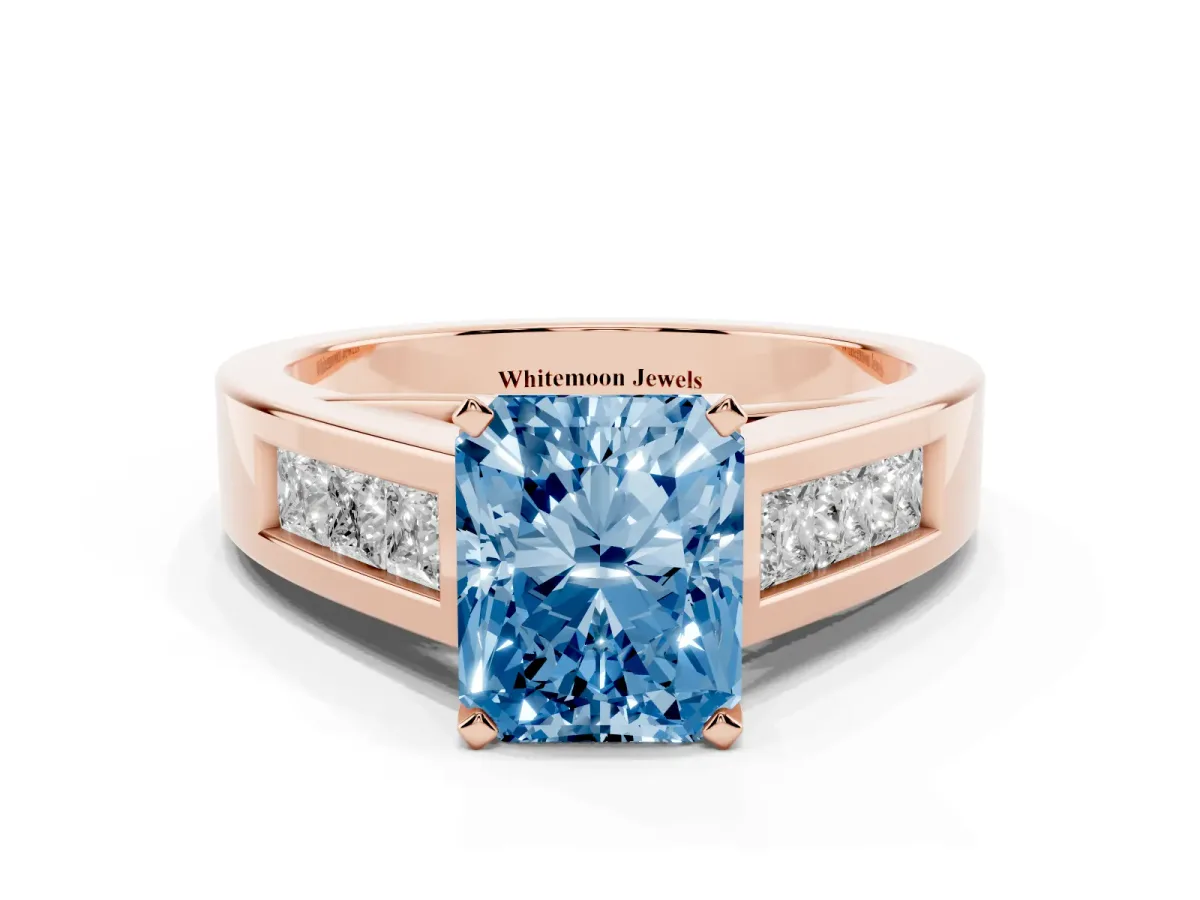 Fancy Blue Radiant Cut Cut Channel Set Solitaire Ring with Four-Prong Setting Rose gold