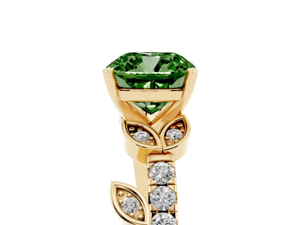 Fancy Green Cushion Cut Solitaire Leaf-Inspired Diamond Ring with Pavé Band and Four-Prong Setting Yellow gold