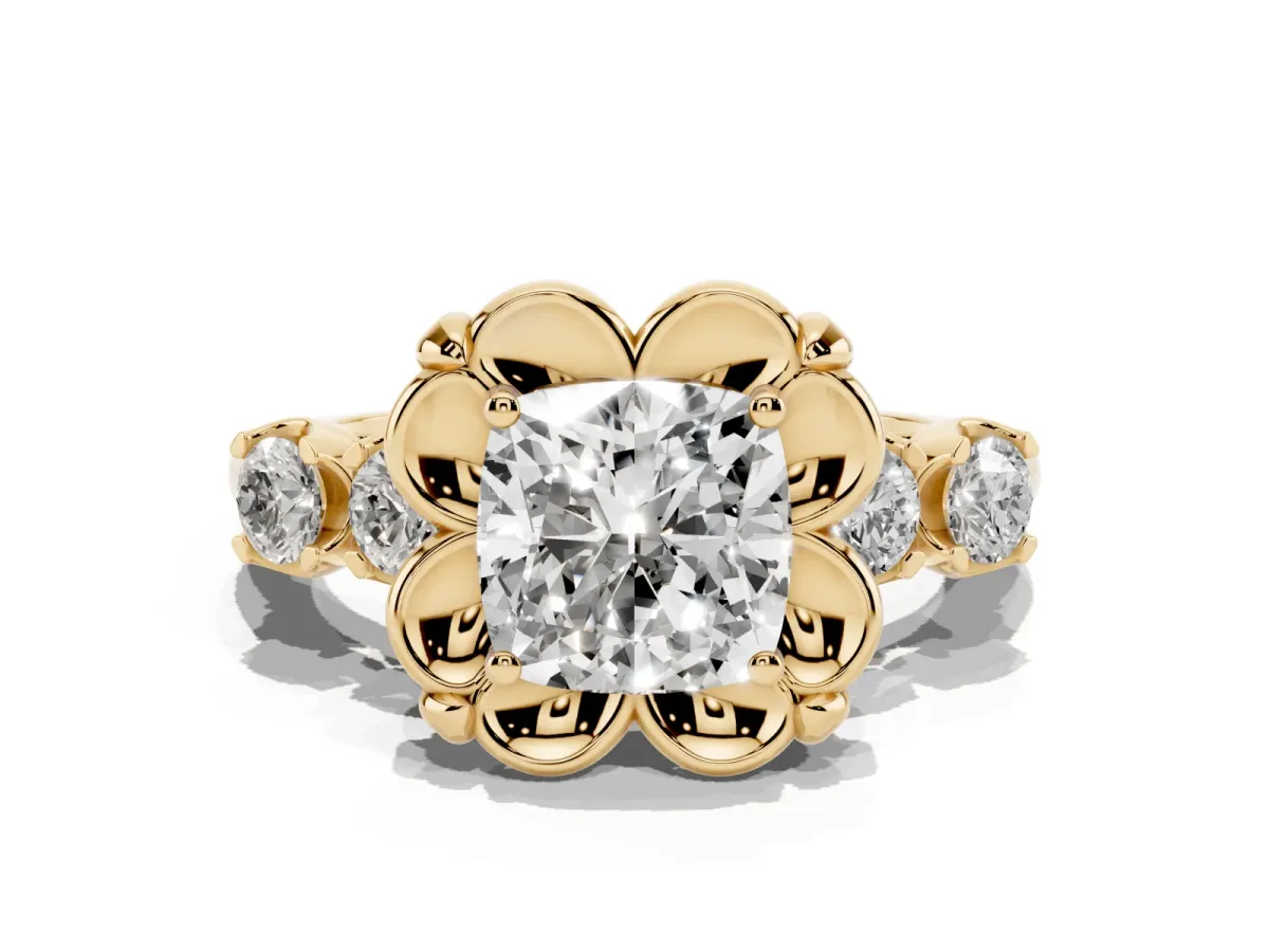 Cushion Cut Cut Diamond Floral Halo Engagement Ring with Shared Prong Setting Yellow gold