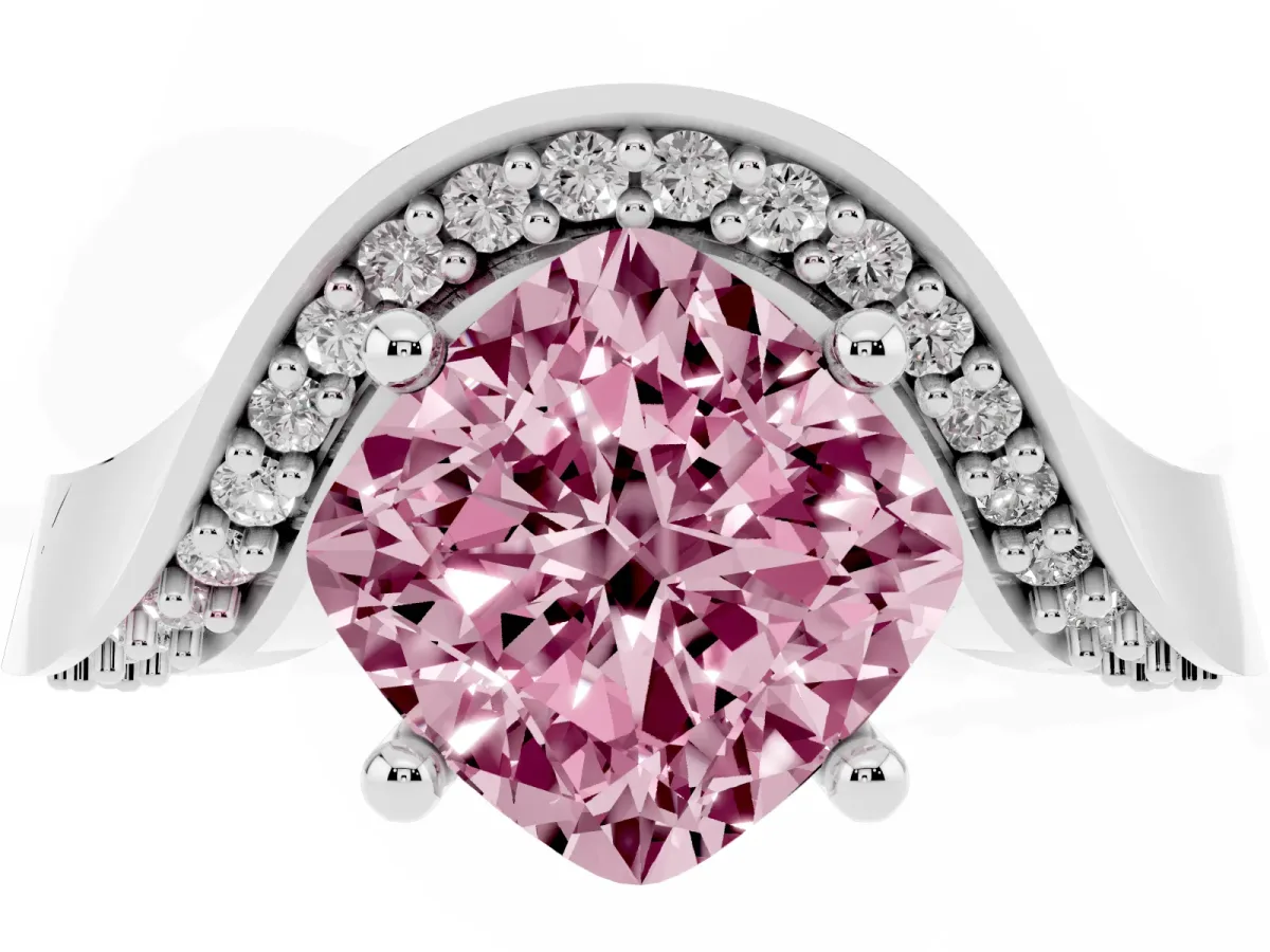 Fancy Pink Cushion Cut Solitaire Diamond Engagement Ring with Pave Band and Four-Prong Setting Silver