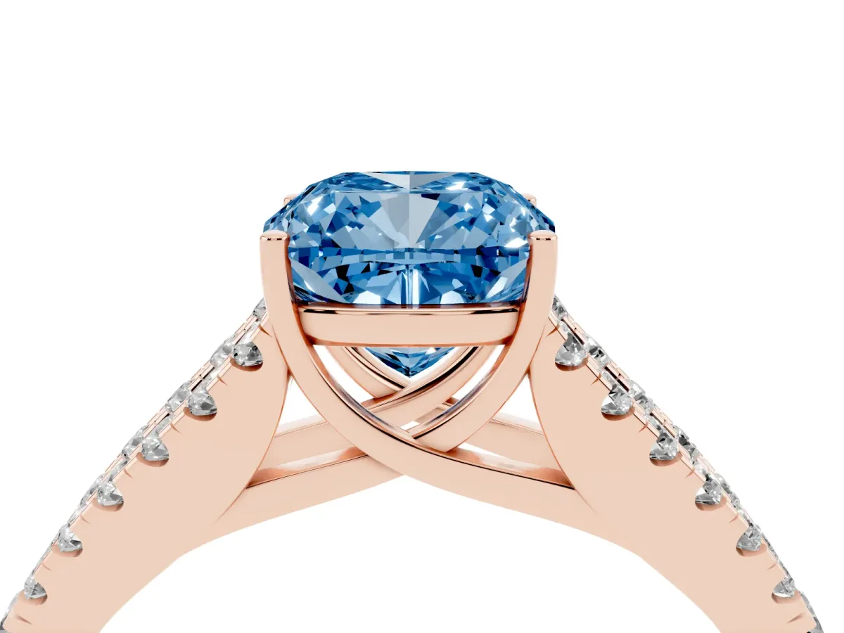 Fancy Blue Cushion Cut Diamond Split Shank Engagement Ring with Round Pavé and Prong Setting Rose gold