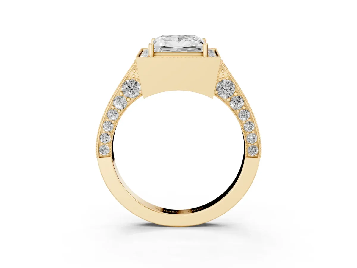 Princess Cut Halo Diamond Engagement Ring with Split Shank Band and Four-Prong Setting Yellow gold
