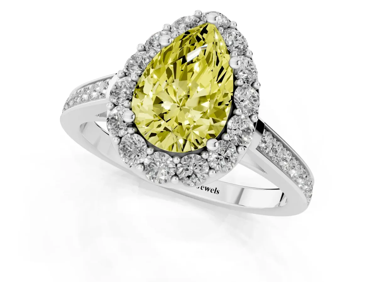 Fancy Yellow Pear Cut Diamond Floral Halo Ring with Pavé Band and Prong Setting Platinum