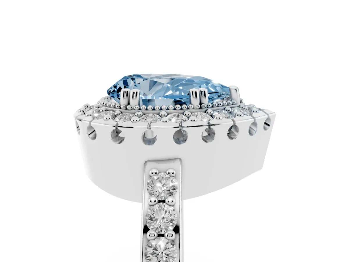 Fancy Blue Pear Cut Diamond Halo Ring with Pavé Band and Prong Setting Platinum