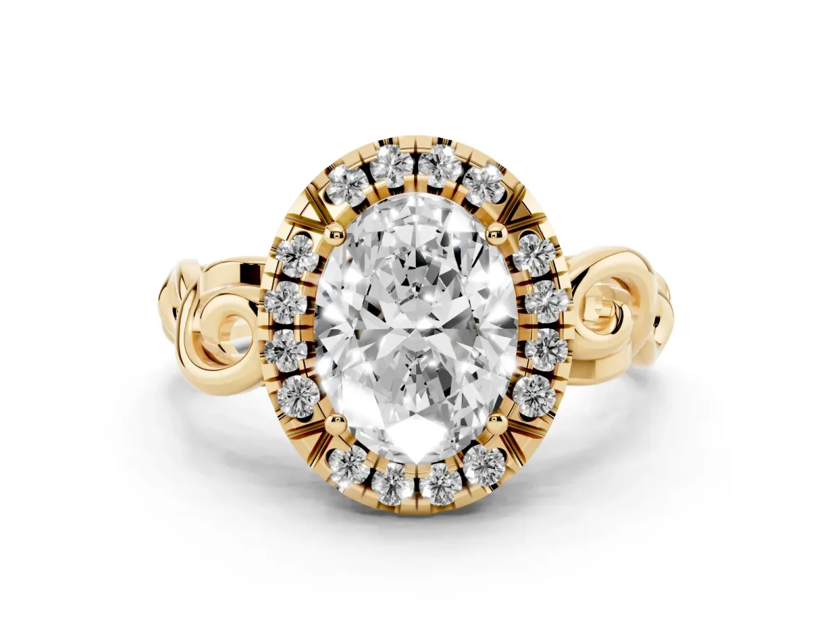 Oval Cut Cut Halo Diamond Ring with Scrollwork Band and Four-Prong Setting Yellow gold