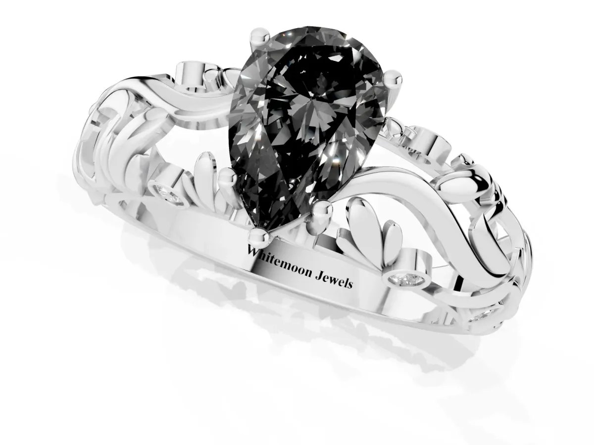Fancy Black Pear Cut Solitaire Diamond Leaf-Inspired Vine Band Ring with Prong Setting White gold