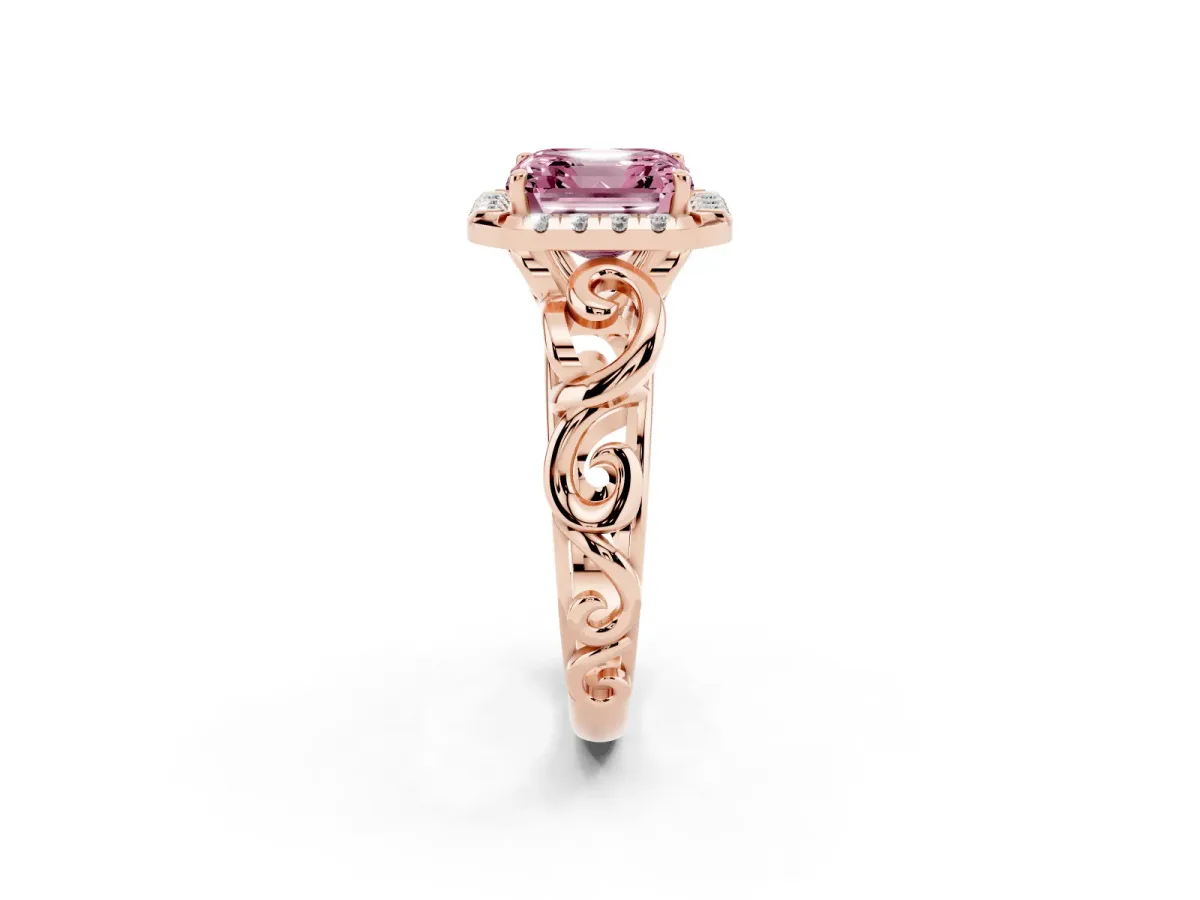 Fancy Pink Asscher Cut Cut Halo Diamond Ring with Scrollwork Band and Four-Prong Setting Rose gold