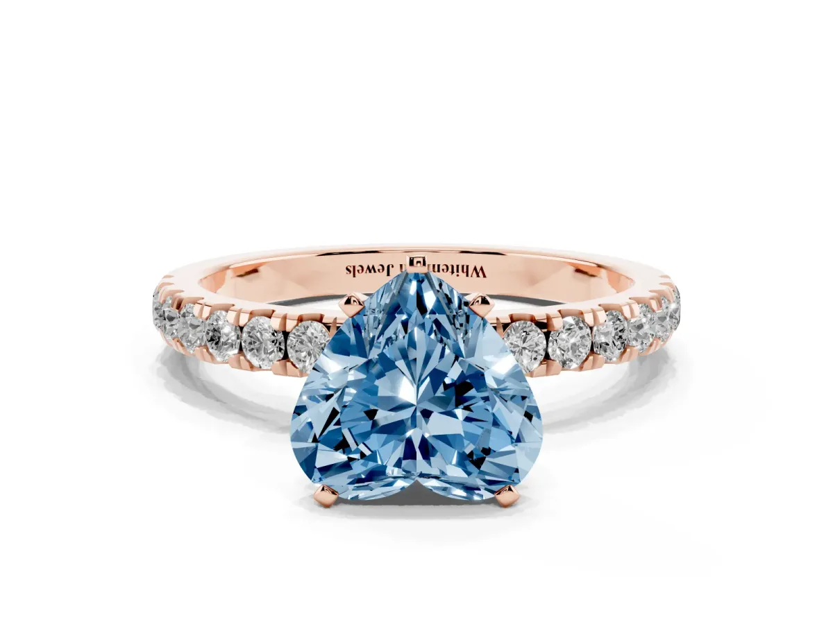 Fancy Blue Heart Cut Diamond Solitaire Ring with Pavé Accents and Four-Prong Setting Rose gold
