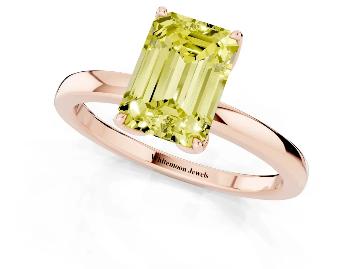 Fancy Yellow Emerald Cut Diamond Solitaire Ring with Thin Band and Prong Setting Rose gold
