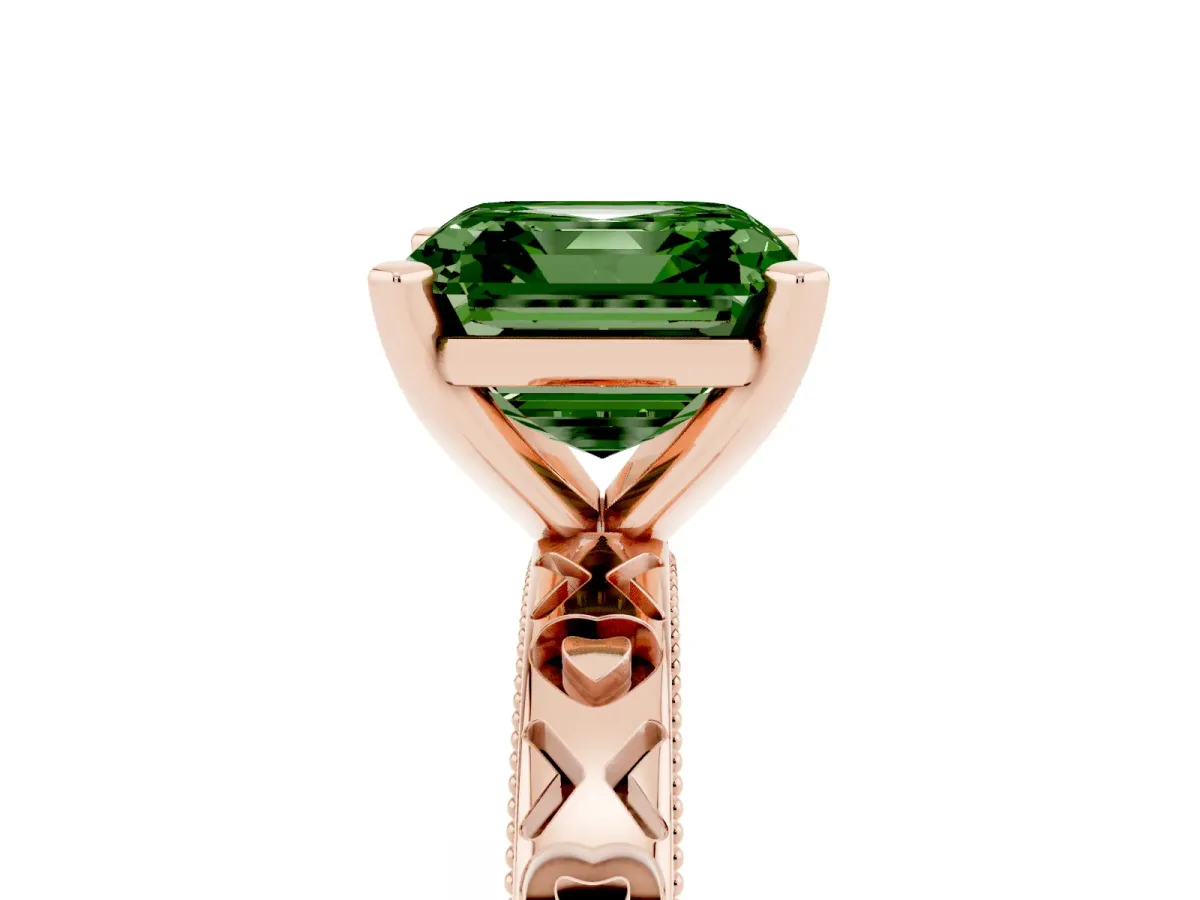 Fancy Green Asscher Cut Solitaire Diamond Engagement Ring with XO Engraved Band and Four-Prong Setting Rose gold