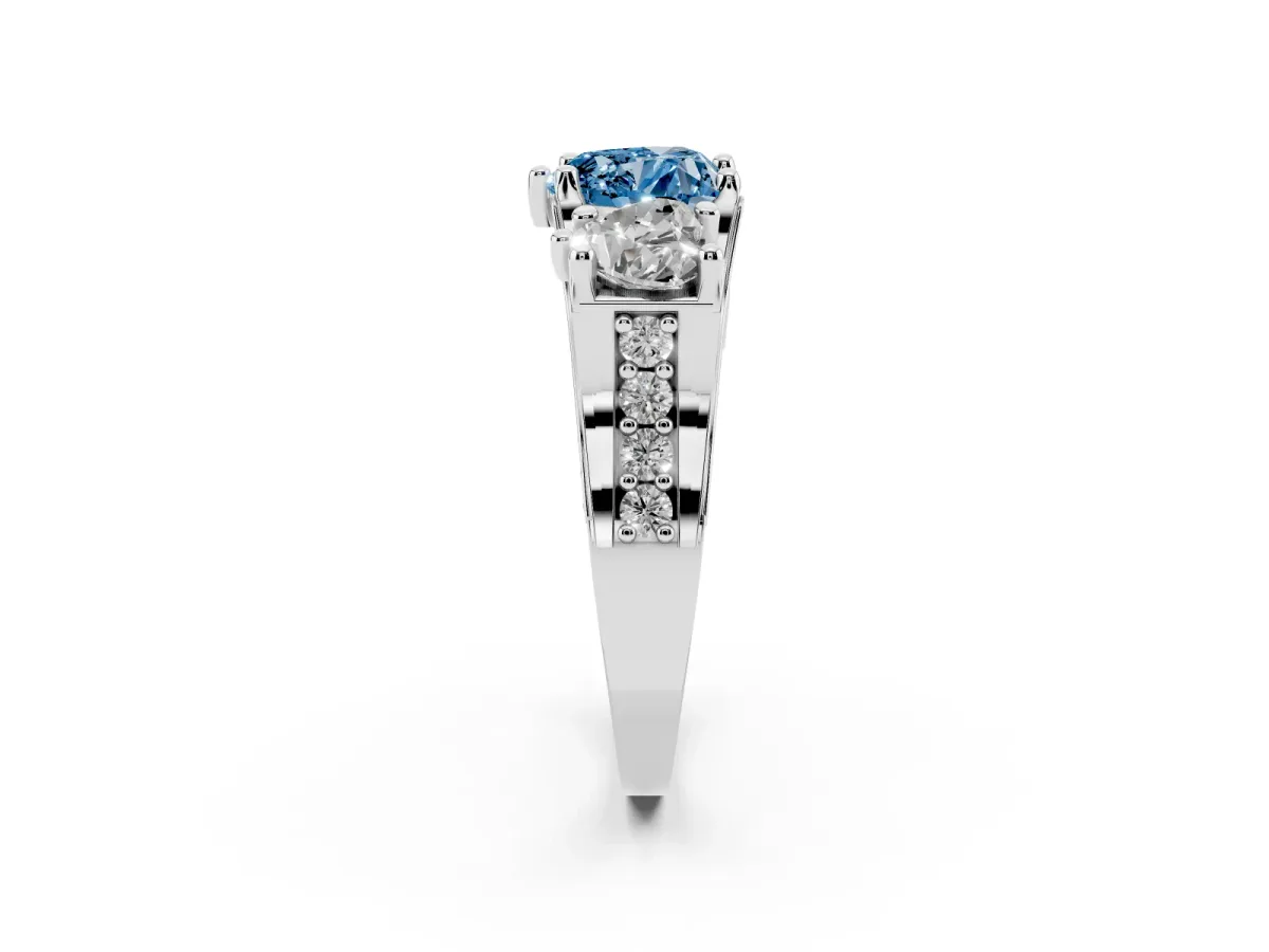 Fancy Blue Heart Cut Diamond Three-Stone Ring with Channel Set Band and Four-Prong Setting Silver