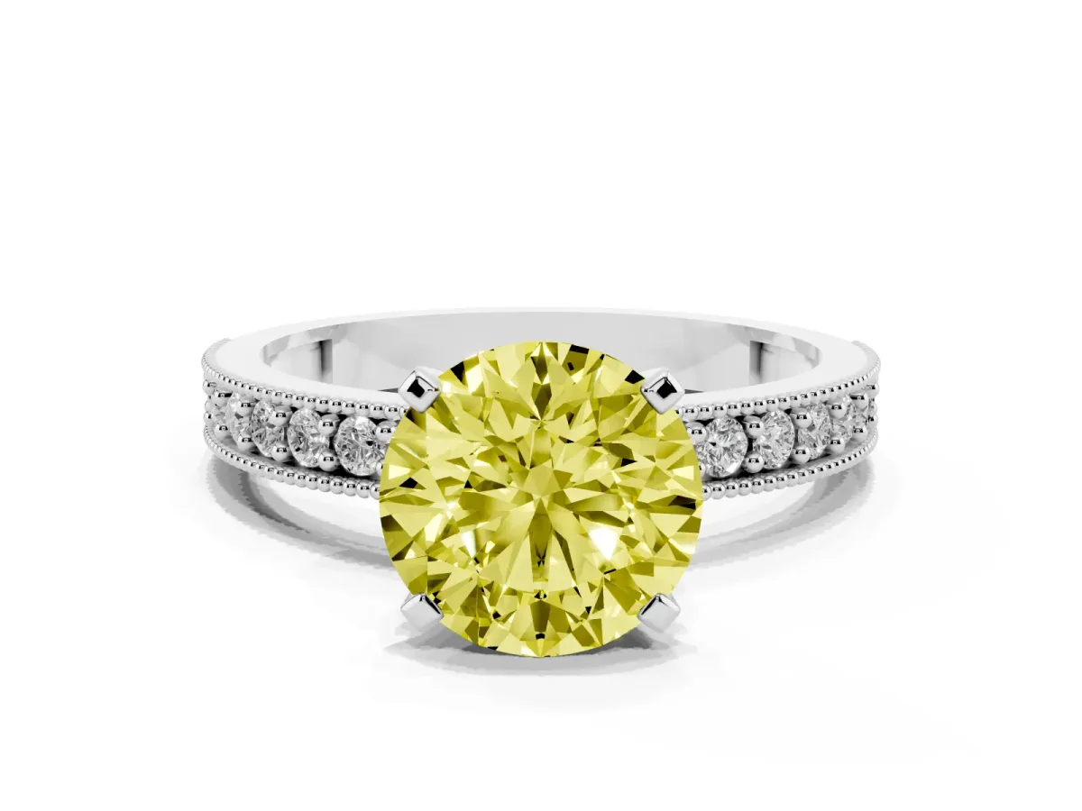Fancy Yellow Round Cut Diamond Milgrain Pavé Engagement Ring with Four-Prong Setting Silver