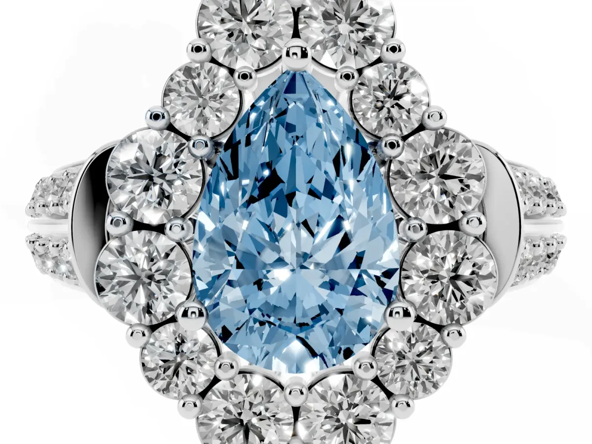Fancy Blue Pear Cut Halo Diamond Engagement Ring with Split Shank and Prong Setting Silver