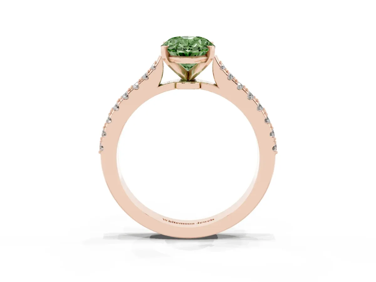 Fancy Green Oval Cut Cut Solitaire Diamond Engagement Ring with Pave Band and Four-Prong Setting Rose gold