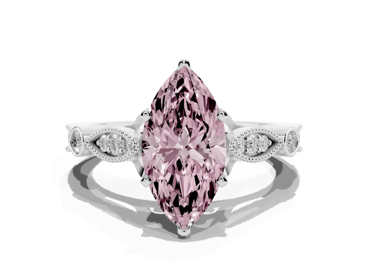 Fancy Pink Marquise Cut Cut Diamond with Milgrain Marquise and Bezel Accents on a Solitaire Band with Prong Setting Silver