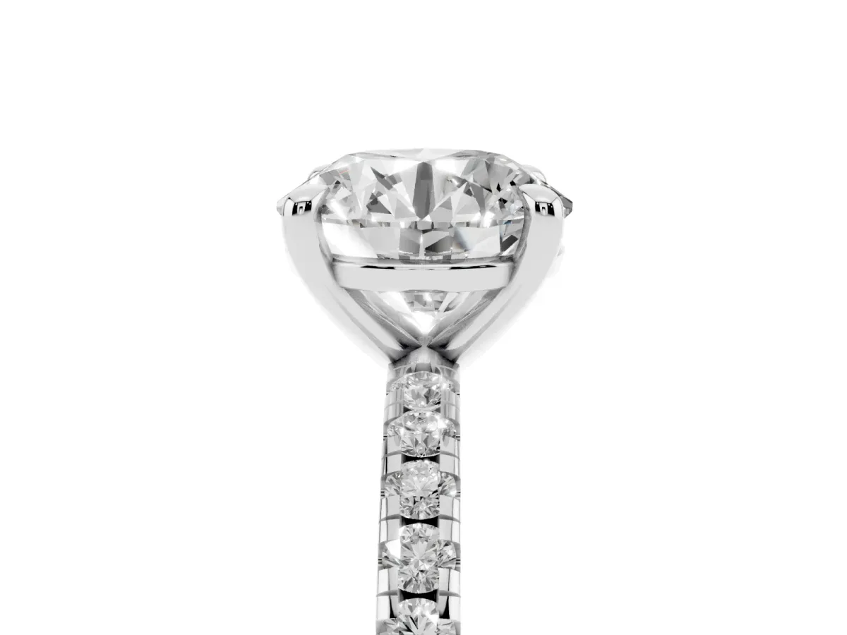 Round Cut Diamond Brilliant Solitaire Ring with Pavé Band and Four-Prong Setting Silver
