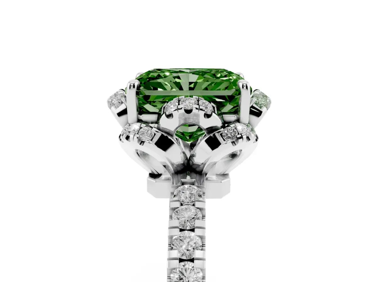 Fancy Green Radiant Cut Diamond Halo Pave Band with Four-Prong Setting Silver