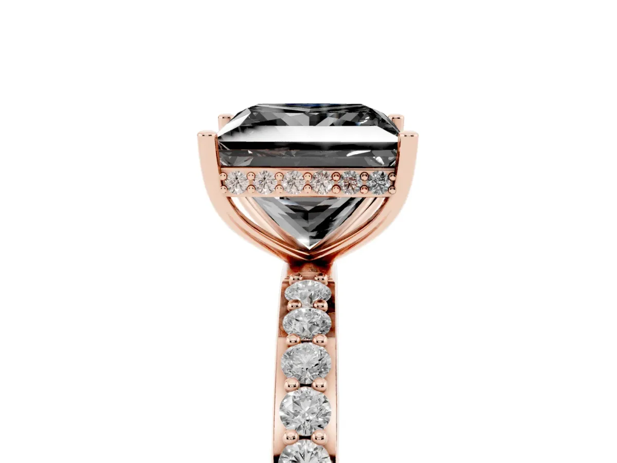 Fancy Black Princess Cut Diamond Solitaire Ring with Pavé Band and Hidden Halo Rose gold
