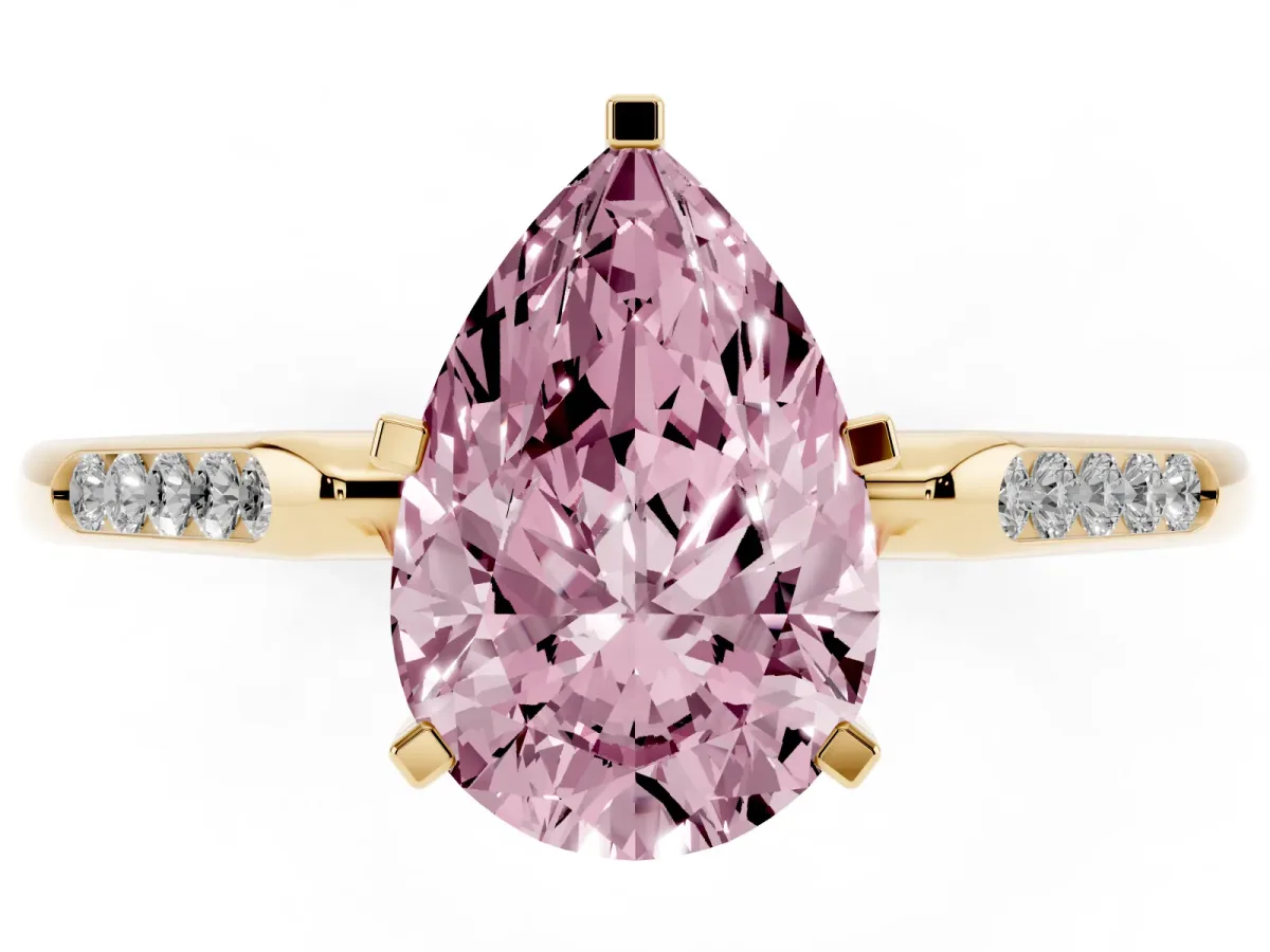 Fancy Pink Pear Cut Diamond Solitaire Ring with Channel Set Round Band and Prong Setting Yellow gold