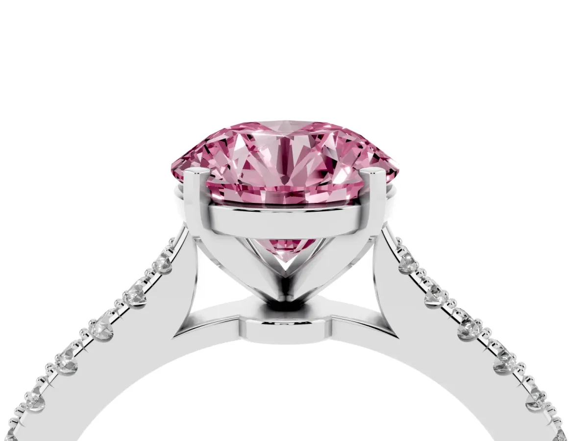 Fancy Pink Round Cut Cut Solitaire Diamond Engagement Ring with Pave Band and Four-Prong Setting White gold