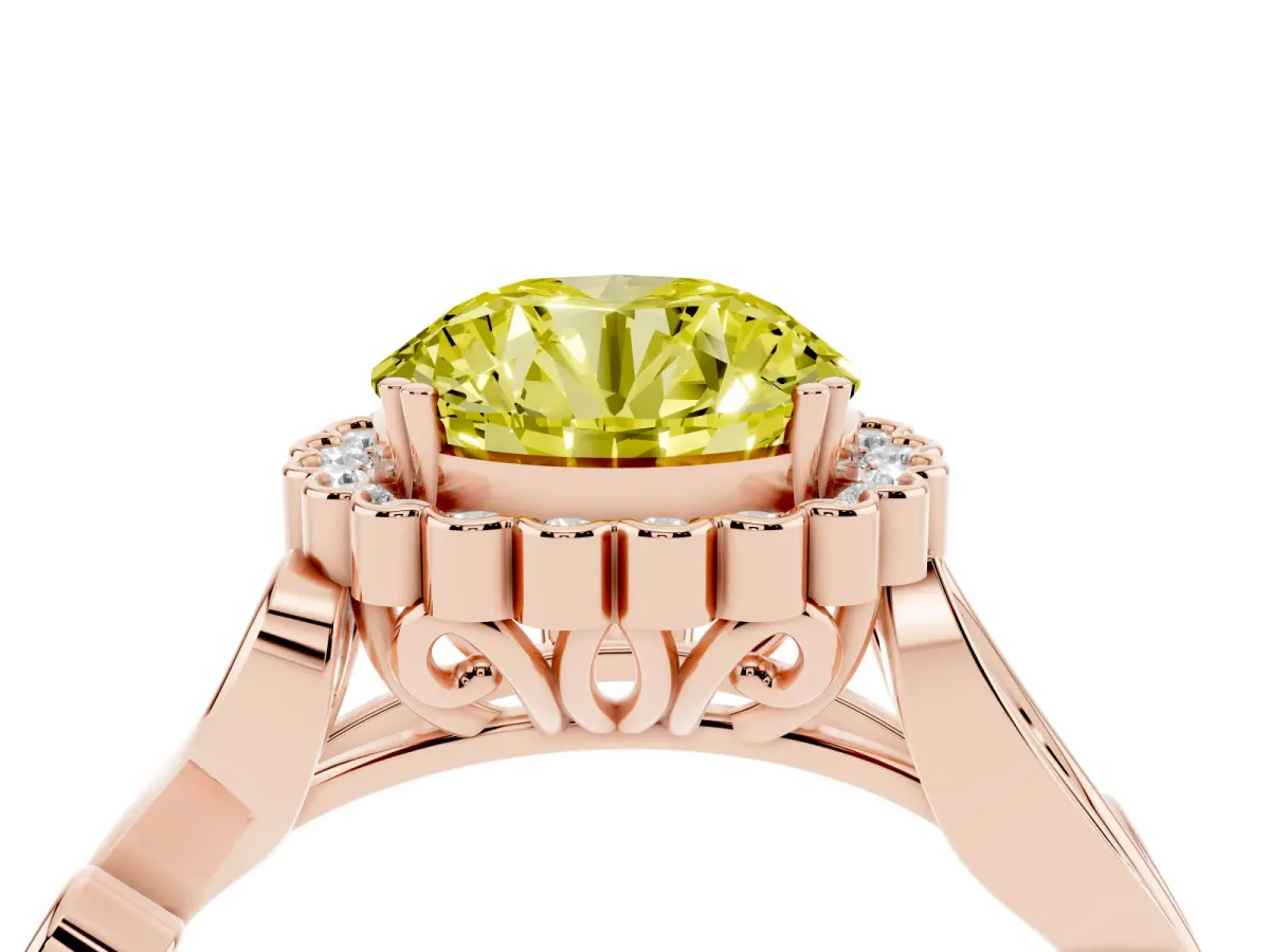 Fancy Yellow Round Cut Diamond Halo Ring with Vintage Split Shank and Four-Prong Setting Rose gold
