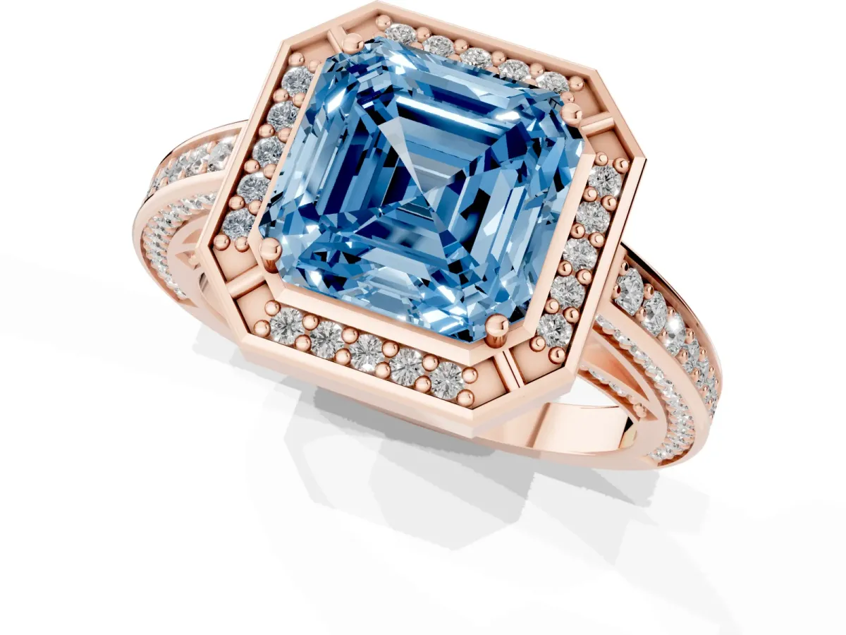 Fancy Blue Asscher Cut Cut Halo Pave Split Shank Prong Setting Ring Rose gold