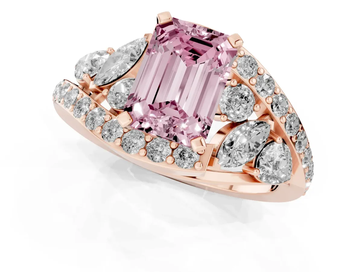 Fancy Pink Emerald Cut Diamond Halo Ring with Marquise and Pavé Band in Prong Setting Rose gold