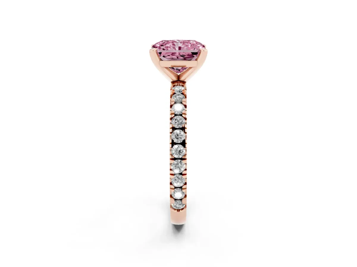 Fancy Pink Radiant Cut Diamond Pavé Band Solitaire with Four-Prong Setting Rose gold