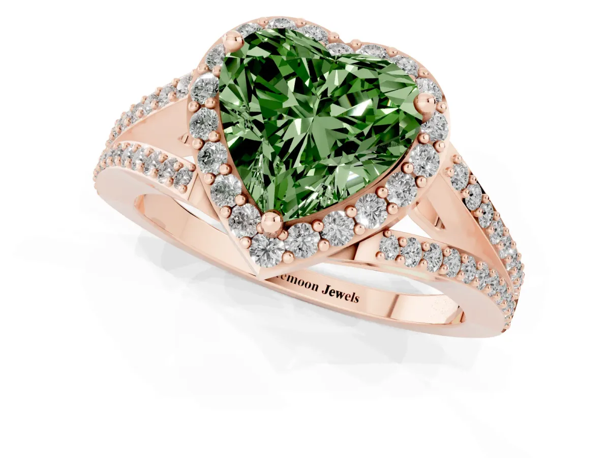 Fancy Green Heart Cut Halo Split Shank Diamond Ring with Prong Setting Rose gold