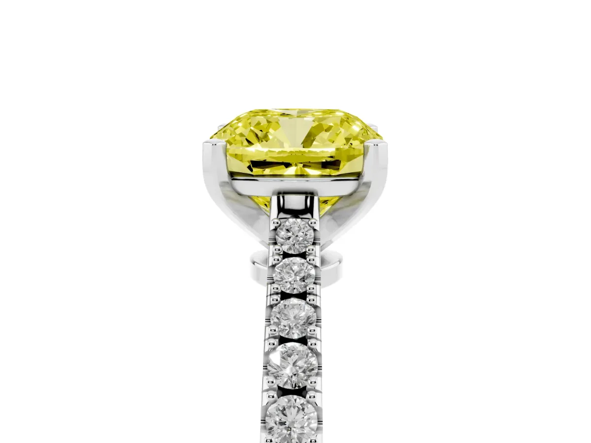 Fancy Yellow Cushion Cut Cut Solitaire Diamond Engagement Ring with Pave Band and Four-Prong Setting Platinum
