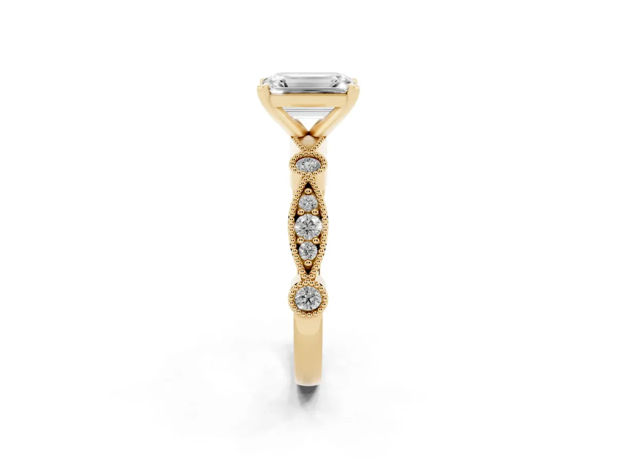 Emerald Cut Milgrain Bezel Diamond Engagement Ring with Solitaire Prong Setting Yellow gold