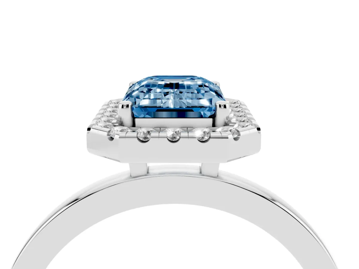 Fancy Blue Emerald Cut Halo Diamond Solitaire with Pavé Band and Four-Prong Setting White gold